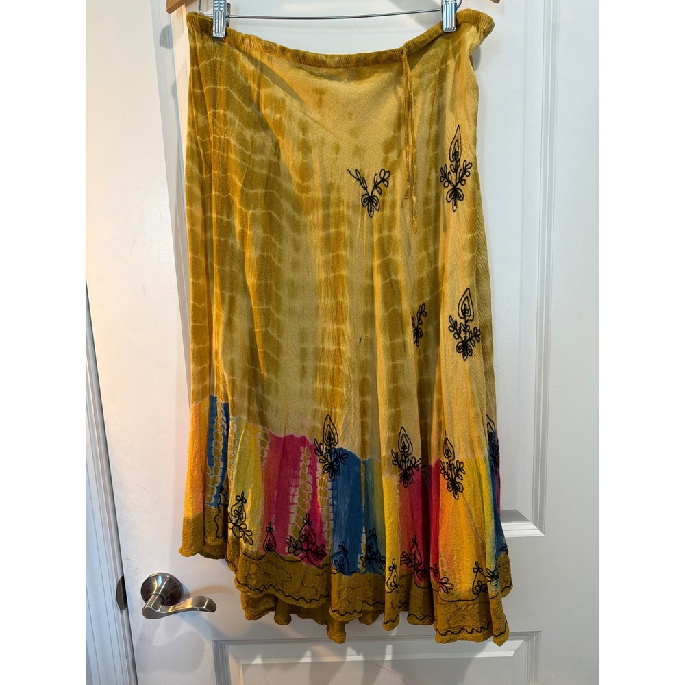Boho Tie Dye Midi Skirt Mustard Yellow Rainbow Embroidered Drawstring Waist